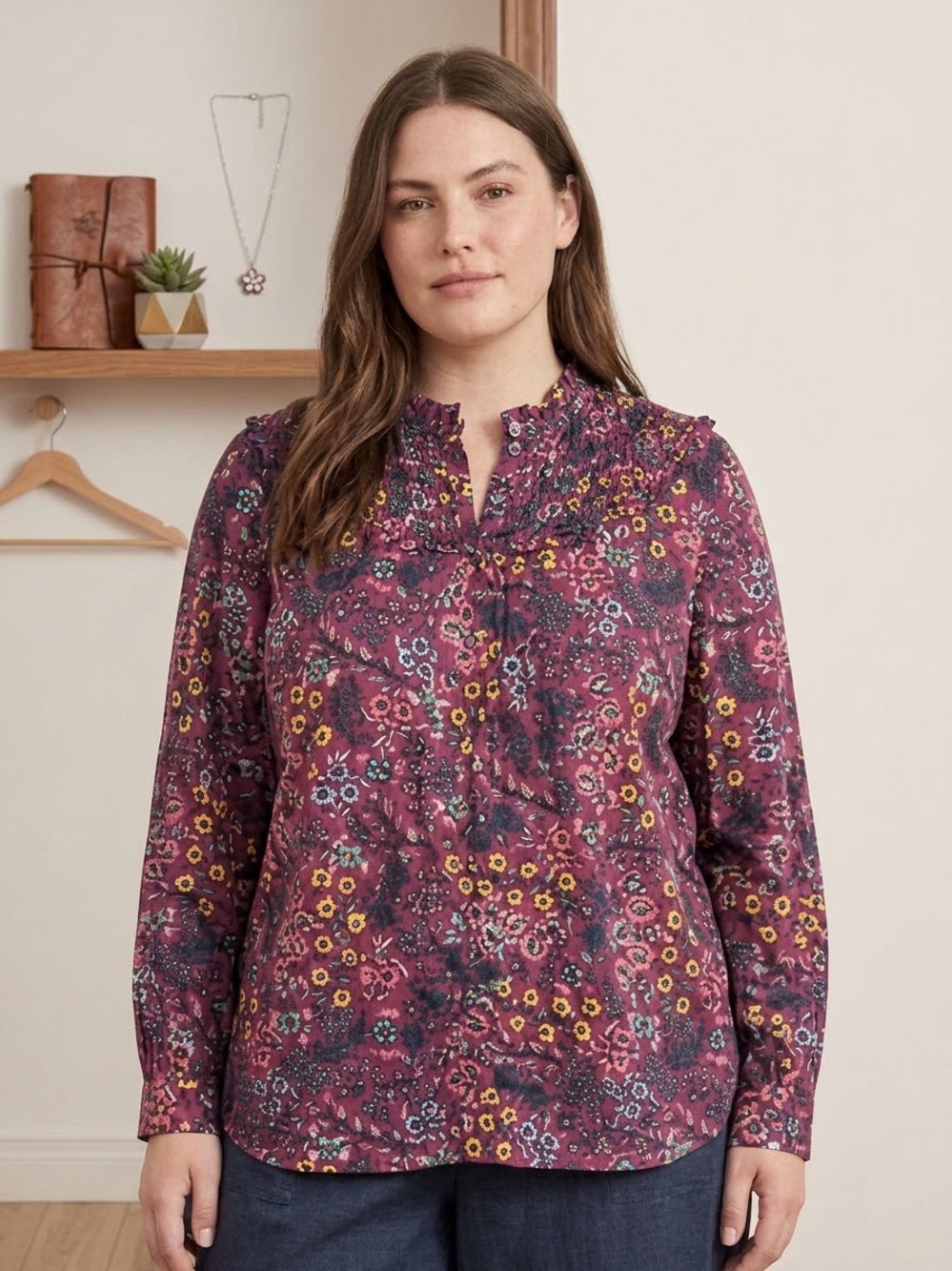 NWT Talbots Size L Berry Purple Floral Ruffle Neck Popover Blouse Long Sleeve